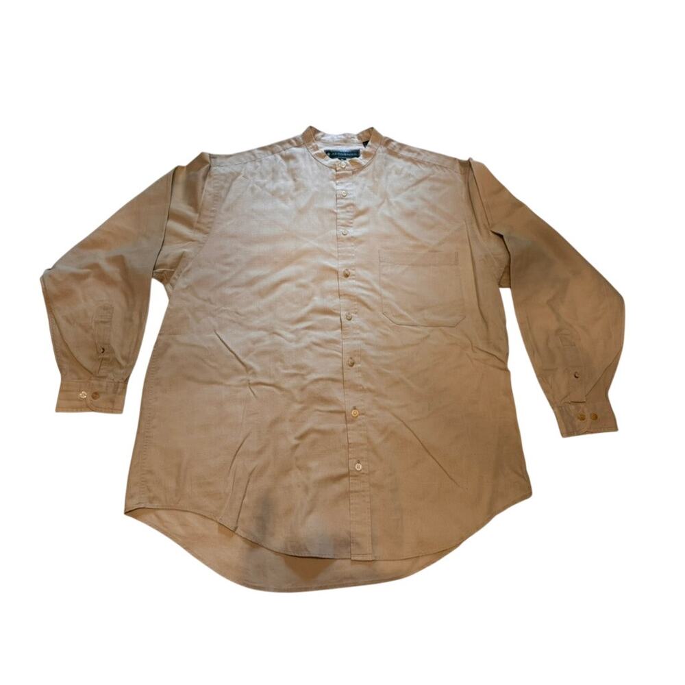JJ Farmer Mens Medium Beige Banded Collar Shirt Textured Long Sleeve Casual
